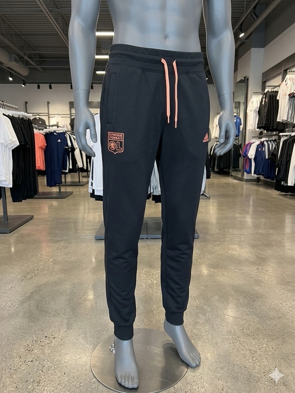 adidas Olympique Lyonnais Soccer Track Pants Black/Orange Drawstring Size M